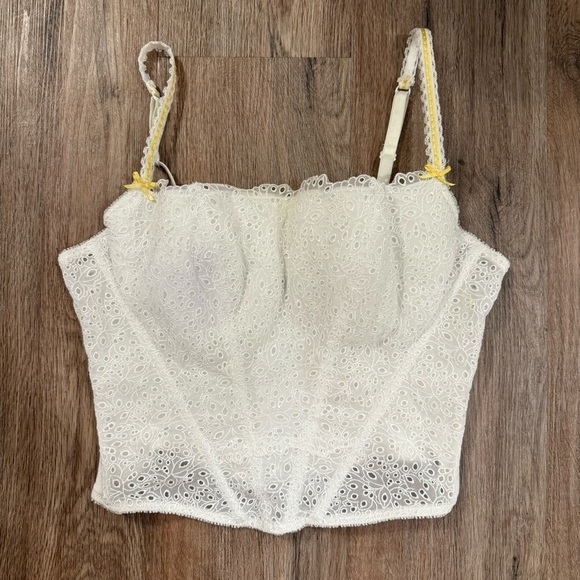 Victoria's Secret Other - Victoria Secret Corset Top Women’s Large 38 D White Eyelet Yellow Ribbon Boning